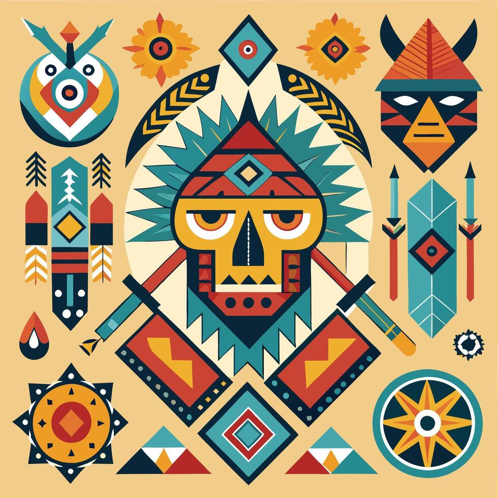 Vibrant Tribal Elements Collection with Bold Geometric Ethnic Patterns vector