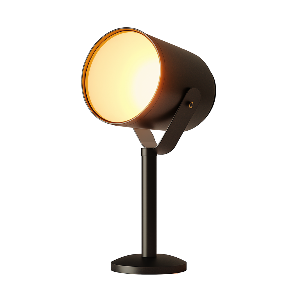 A black lamp with a yellow light is on a white background png