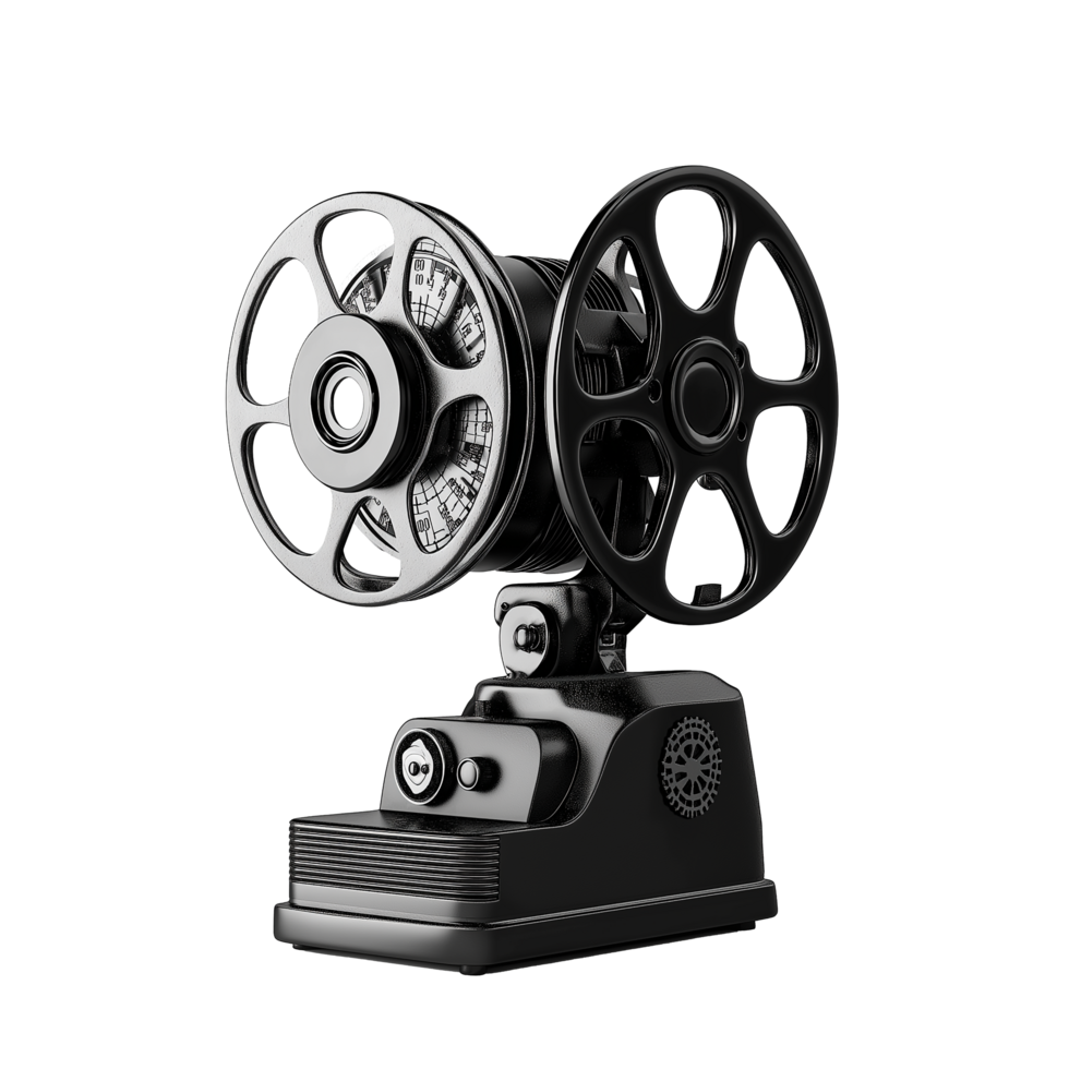 Vintage movie projector with film reels, isolated on transparent background png