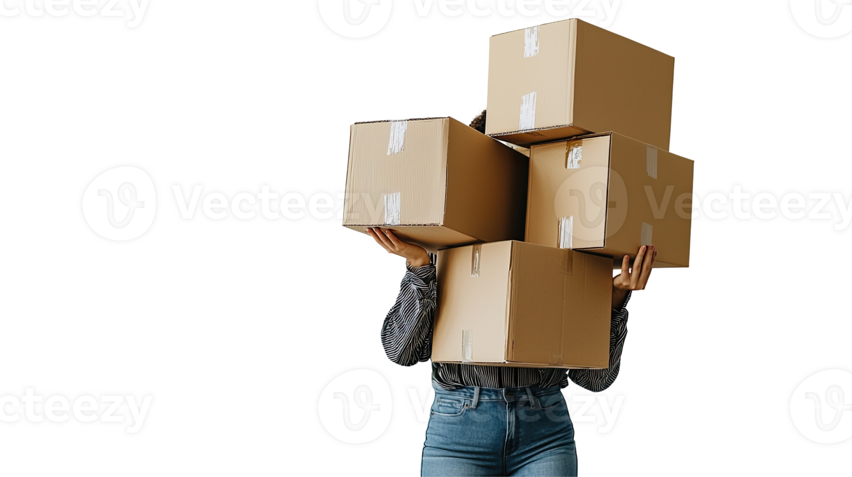 Courier Carrying Multiple Cardboard Boxes, Hands Peeking Out, Isolated on transparent background png