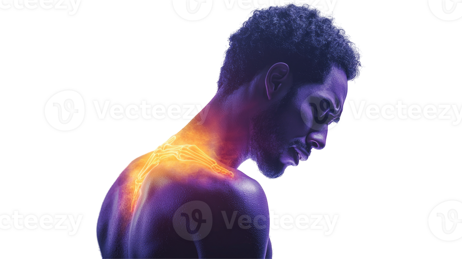 Conceptual Image of a Man with a Glowing Neck and Spine pain, Side View, Isolated on transparent background png