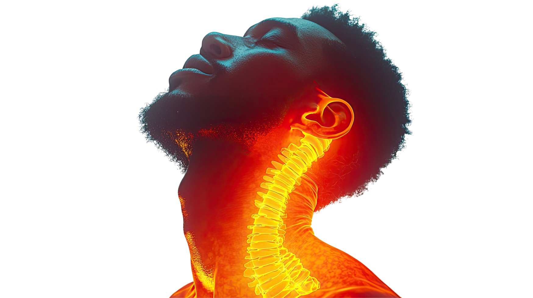 Digital Art of a Man Looking Up, Neck and Spine Glowing with Heatmap Effect, Isolated on transparent background png