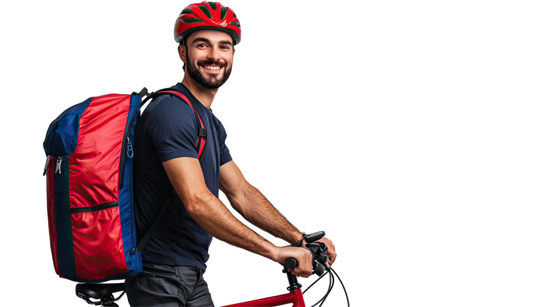 Friendly Courier in Blue Uniform with Red Backpack, Riding Bicycle, Isolated on transparent background png