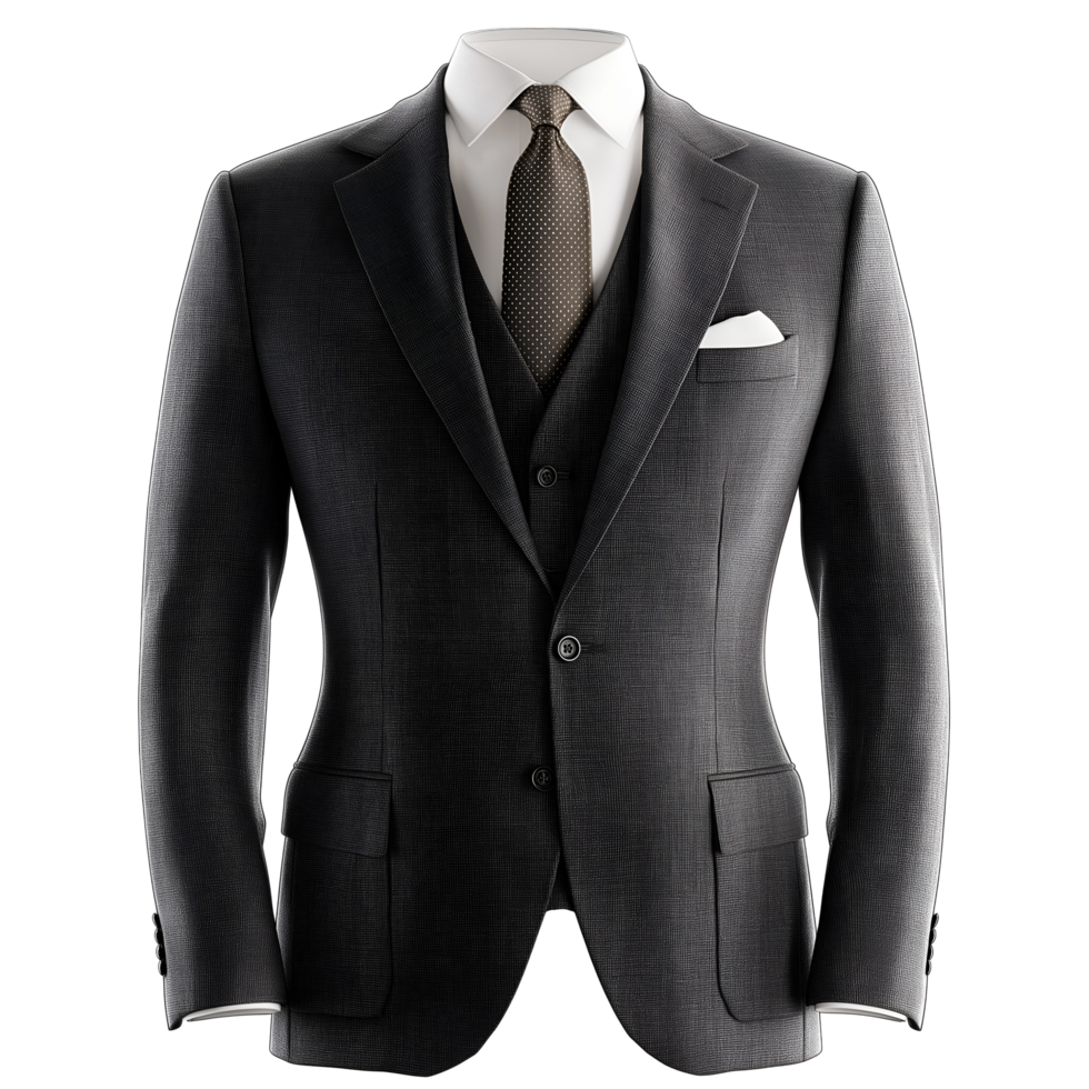 Elegant Charcoal Gray Suit with Vest and Pocket Square, Isolated on White Background png