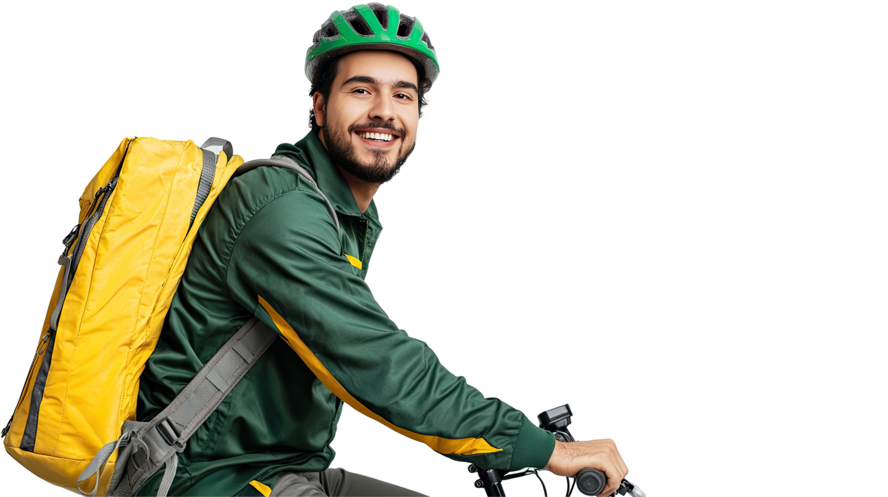 Smiling Delivery Biker in Green Jacket with Yellow Backpack and Helmet, Isolated on transparent background png