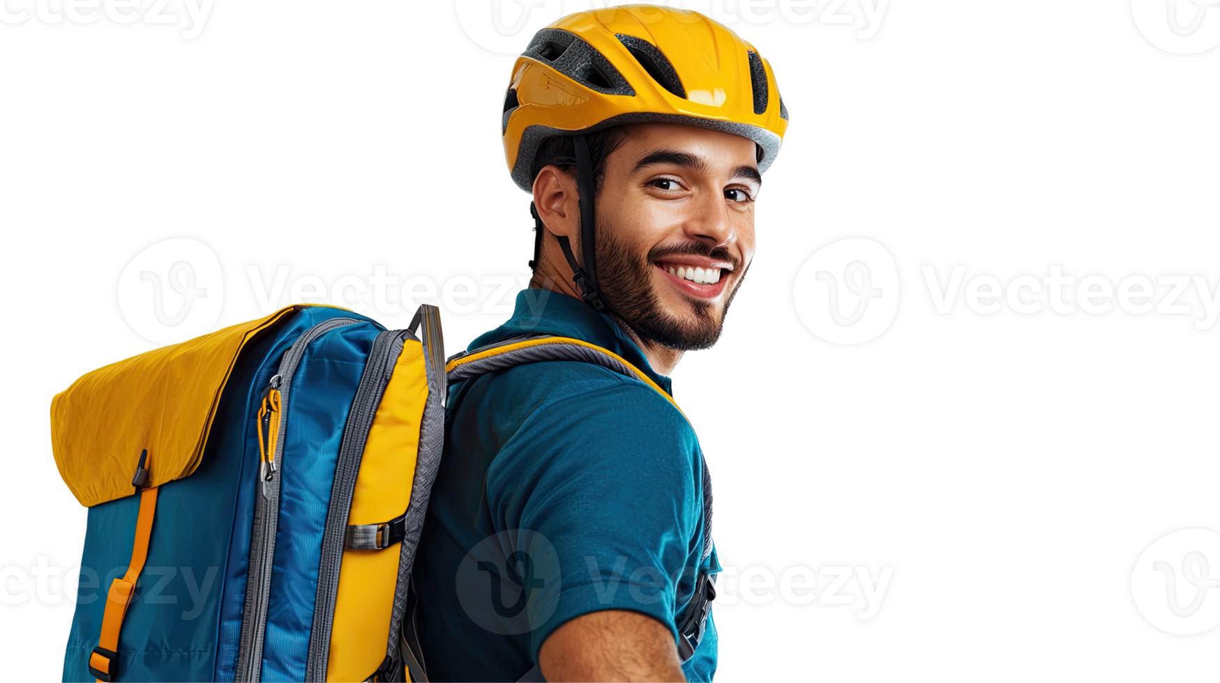 Smiling Delivery Cyclist in Blue Outfit with Yellow Helmet and Backpack, Isolated on transparent background png