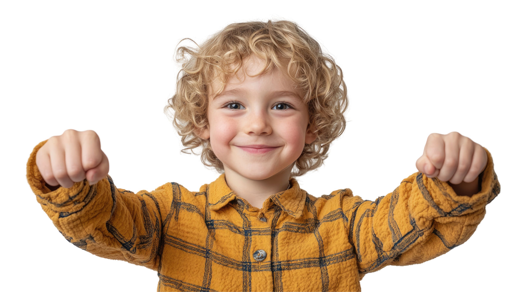 Happy Child in Yellow Checkered Shirt Flexing Arms, Smiling, Isolated on transparent background png