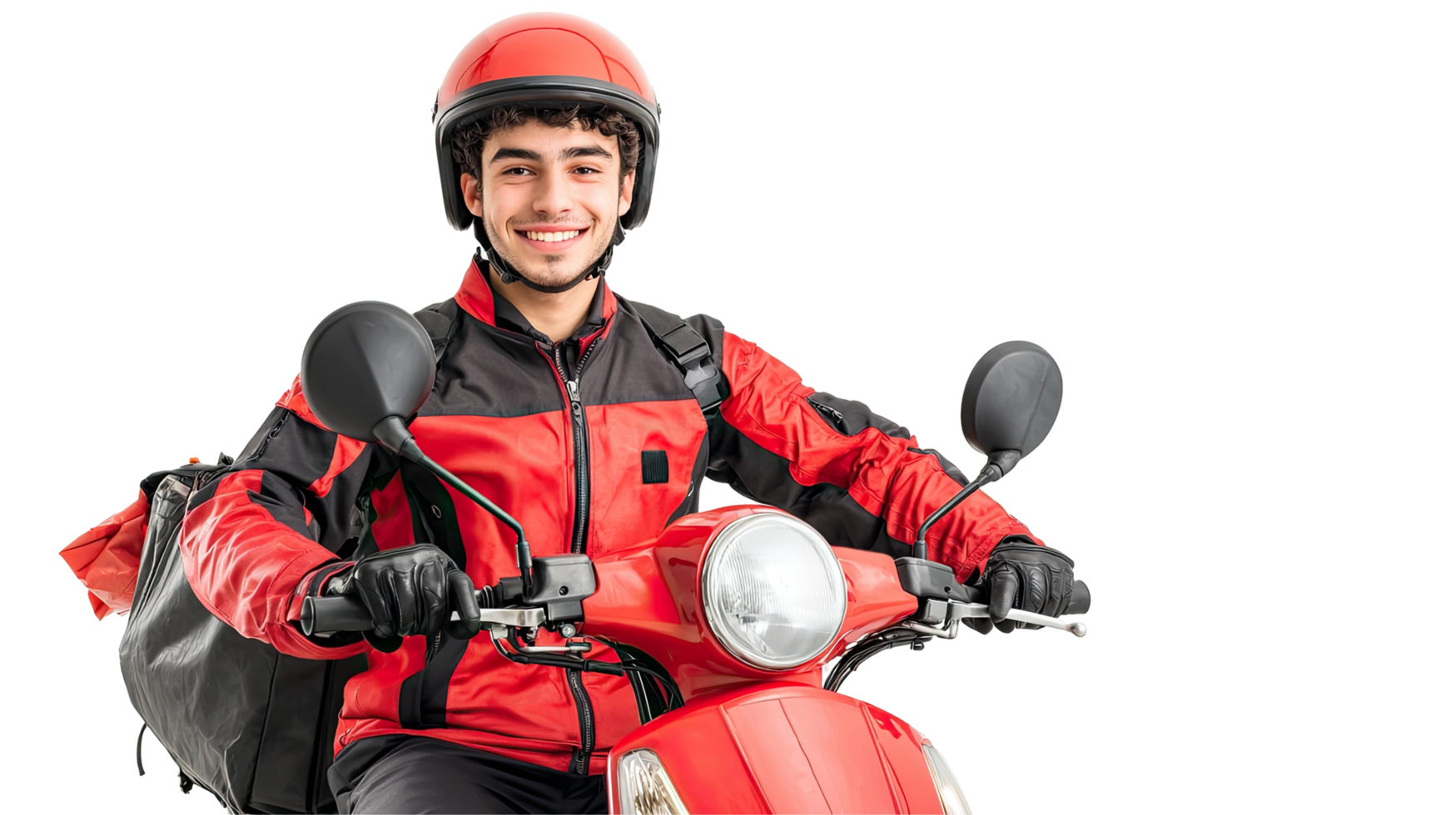 Male Courier in Red Helmet and Jacket, Riding Scooter with Delivery Backpack, Isolated on transparent background png