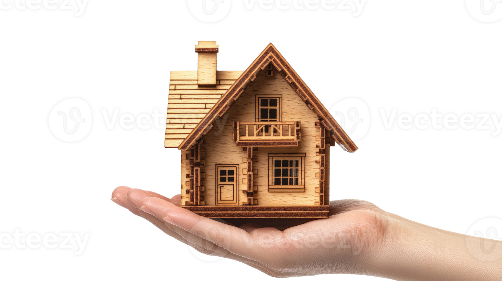 Hand holding miniature wooden house, isolated on transparent background png