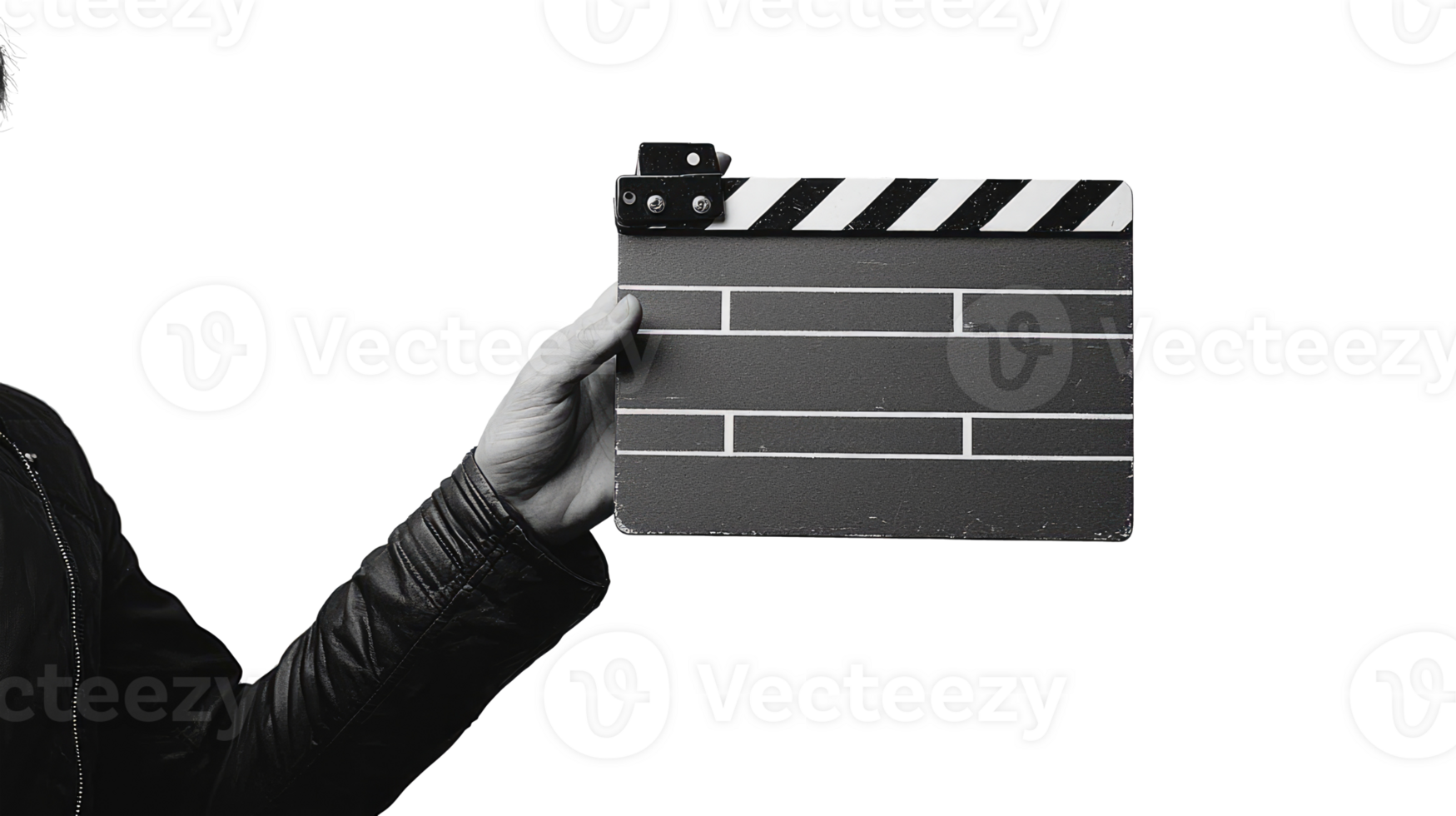 Black and white clapperboard in hand, isolated on transparent background png