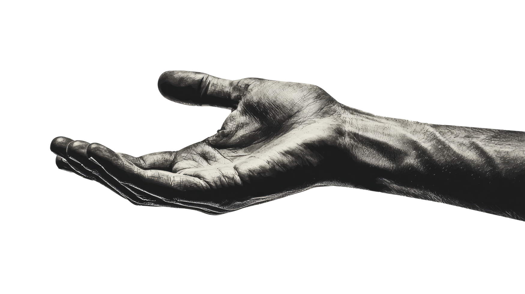 Outstretched artistic hand, isolated on transparent background png