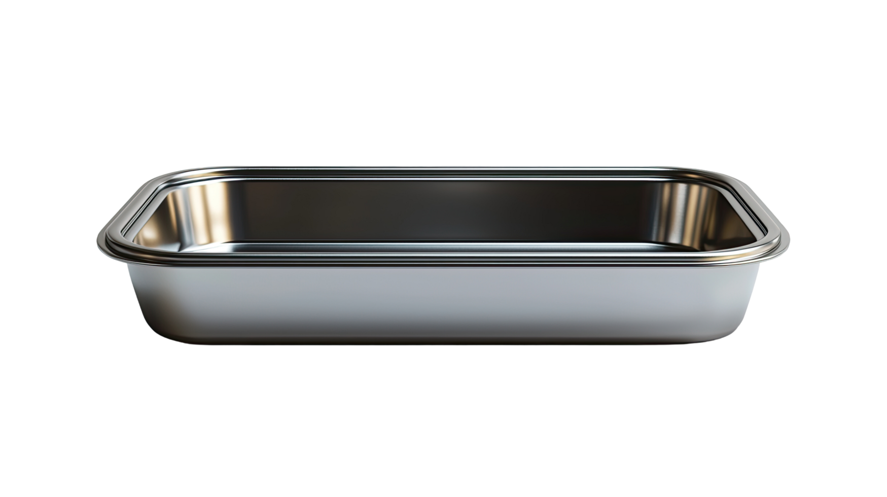 Stainless steel baking tray with reflective surface, isolated on transparent background png
