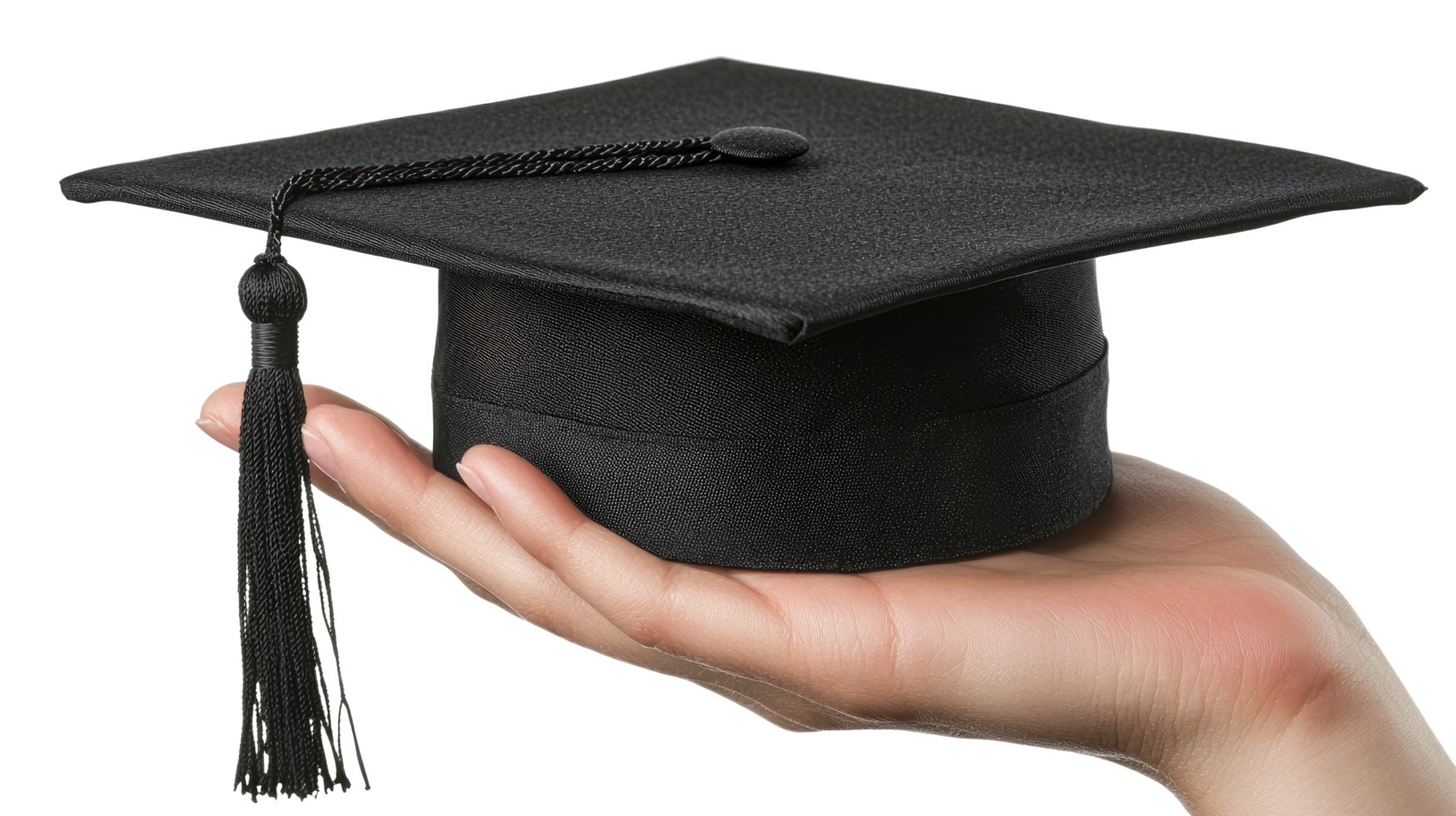 Graduation cap with tassel on hand, isolated on transparent background png