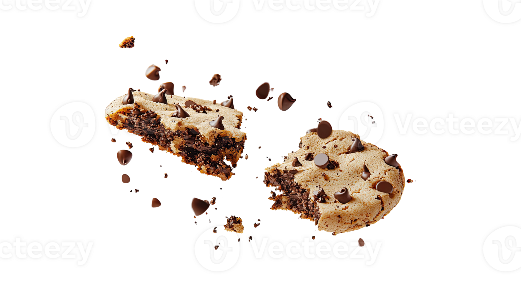 Chocolate chip cookie pieces, isolated on transparent background png