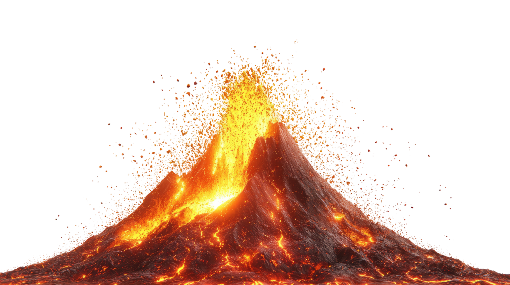 Erupting volcano with lava flow, isolated on transparent background png