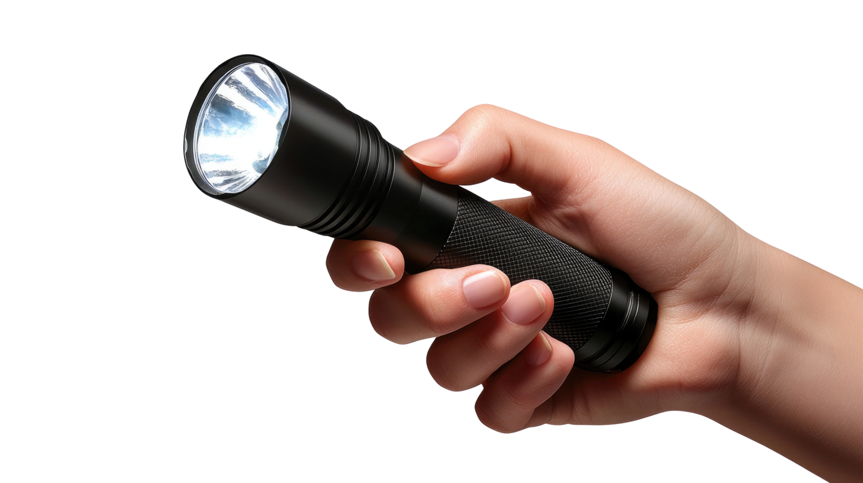Hand holding a black flashlight, isolated on transparent background png