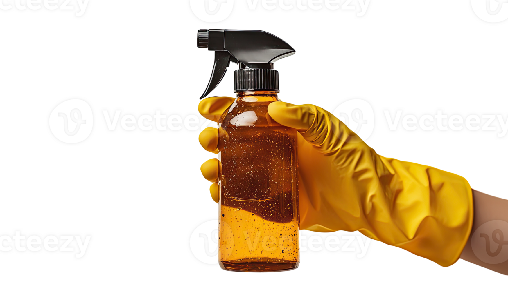 Hand in yellow gloves holding a spray bottle, isolated on transparent background png