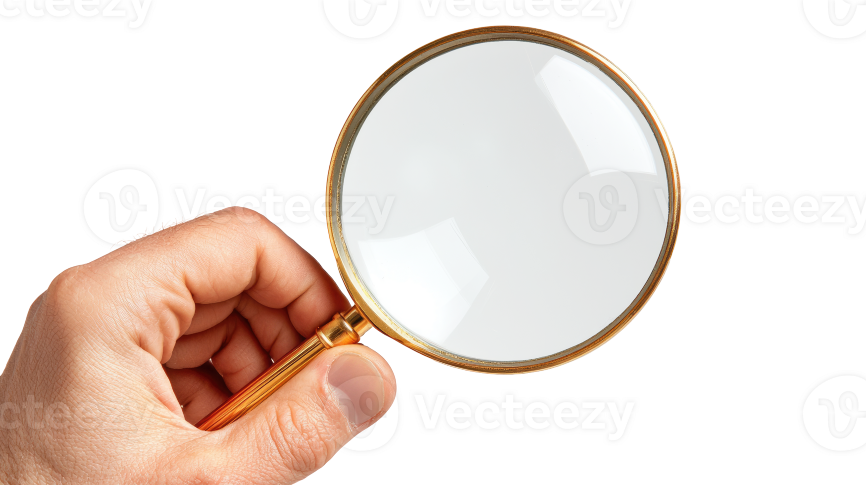 Hand holding a magnifying glass, isolated on transparent background png
