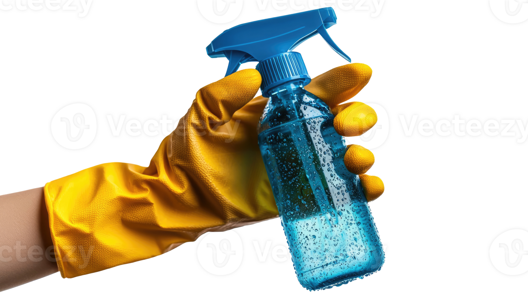 Hand in yellow gloves holding a blue cleaning spray, isolated on transparent background png