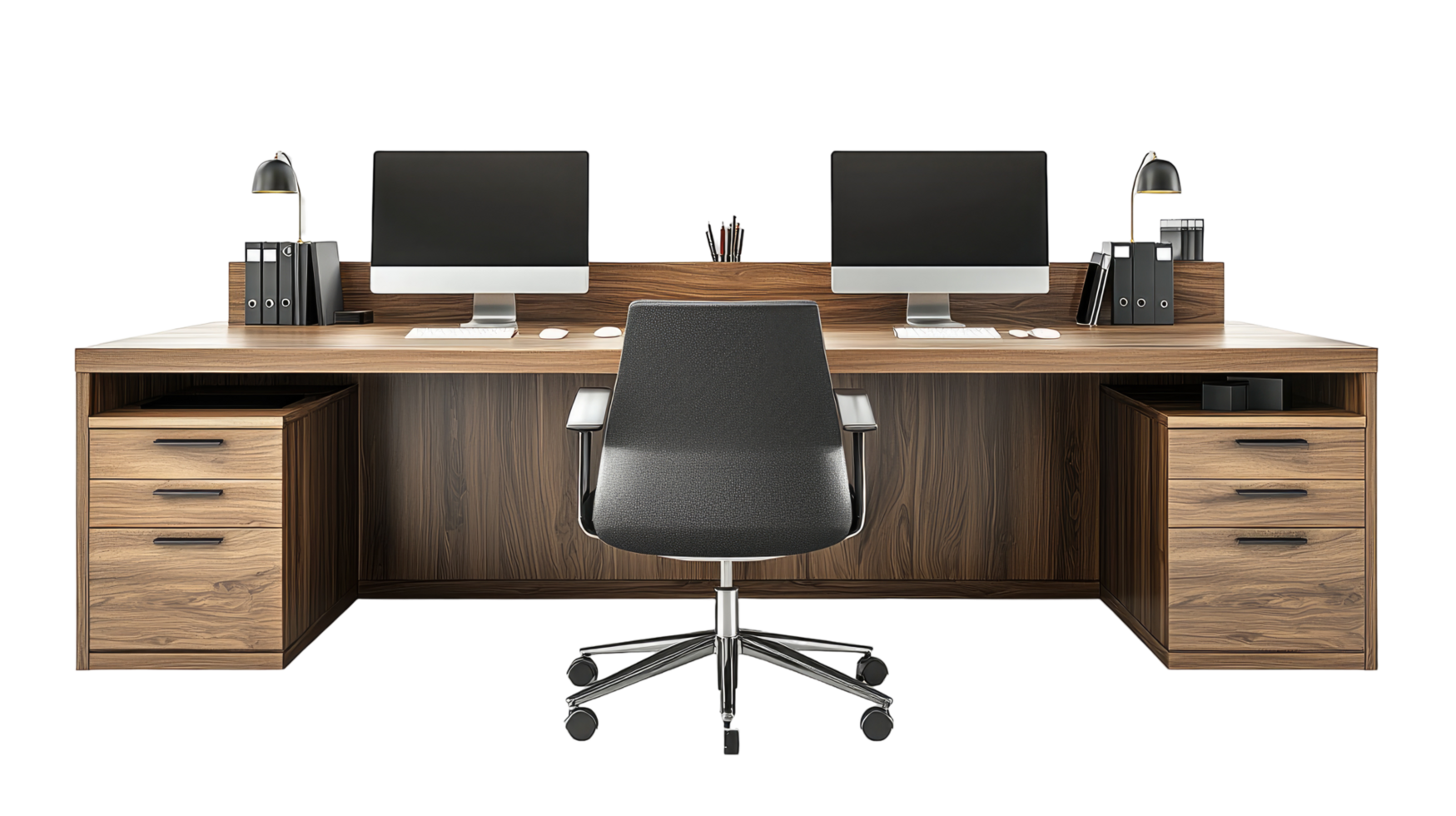 Professional office desk setup with chair and computers, isolated on transparent background png