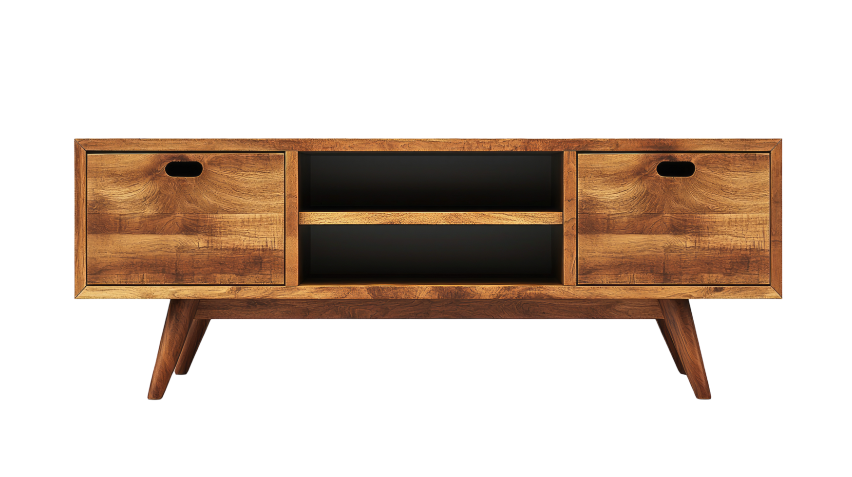 Wooden TV stand with storage compartments, isolated on white png