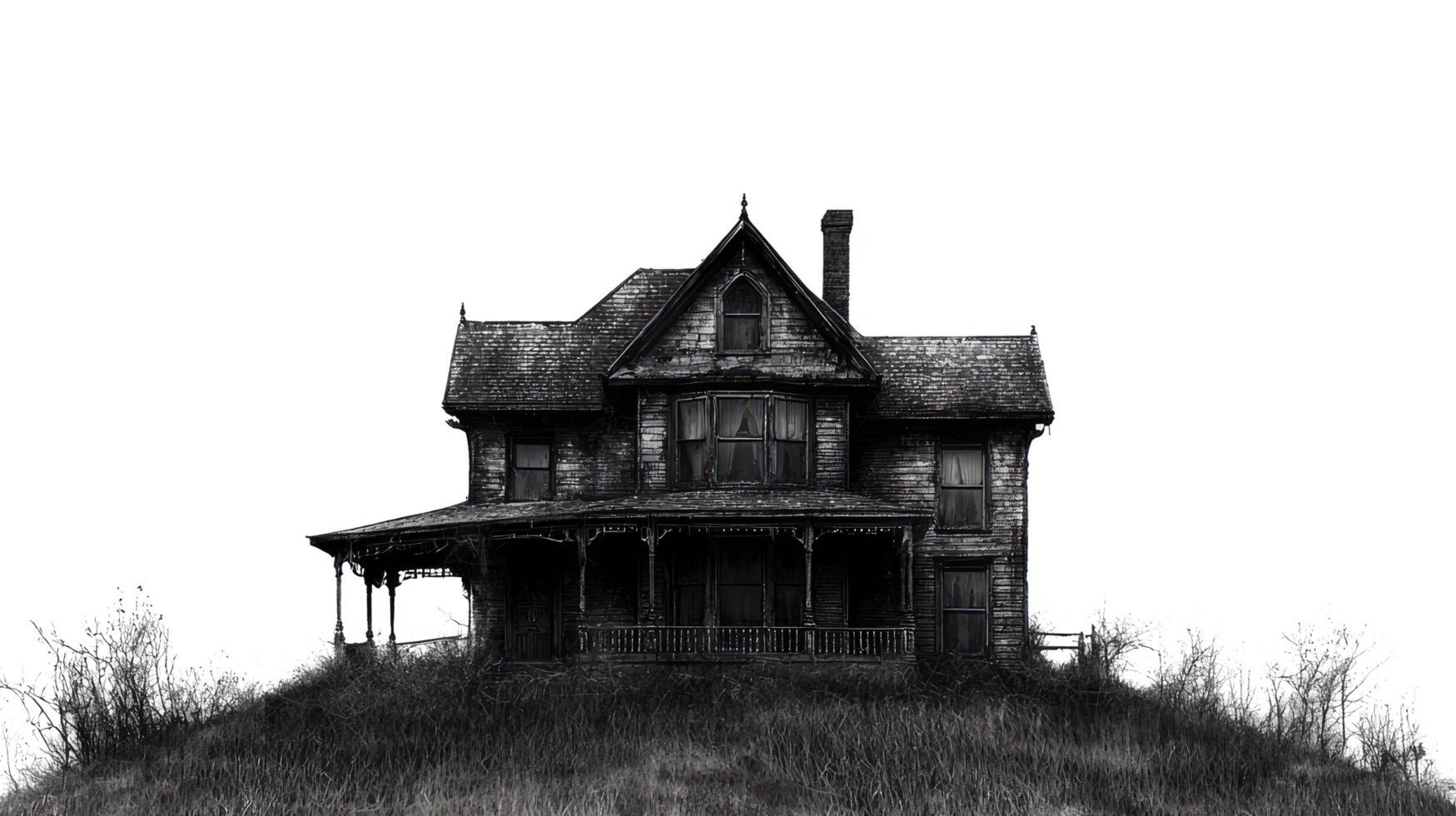 Spooky abandoned haunted house in black and white, isolated on transparent background png