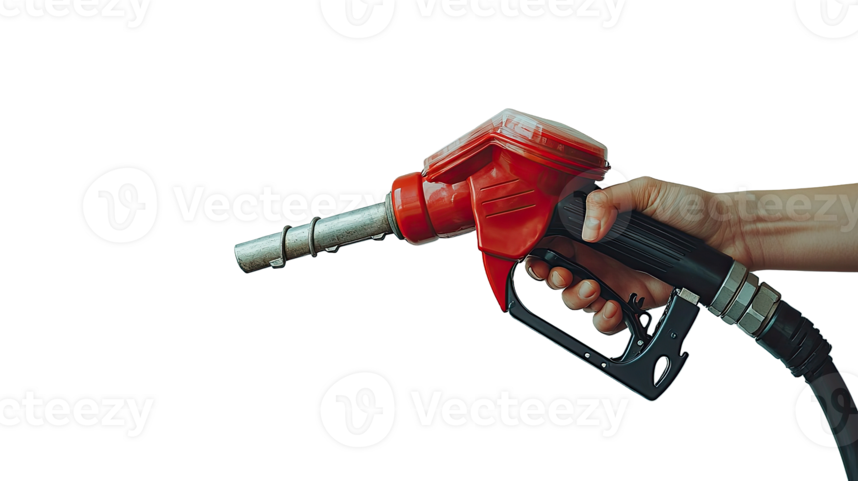 Red fuel nozzle held by a hand, isolated on transparent background png