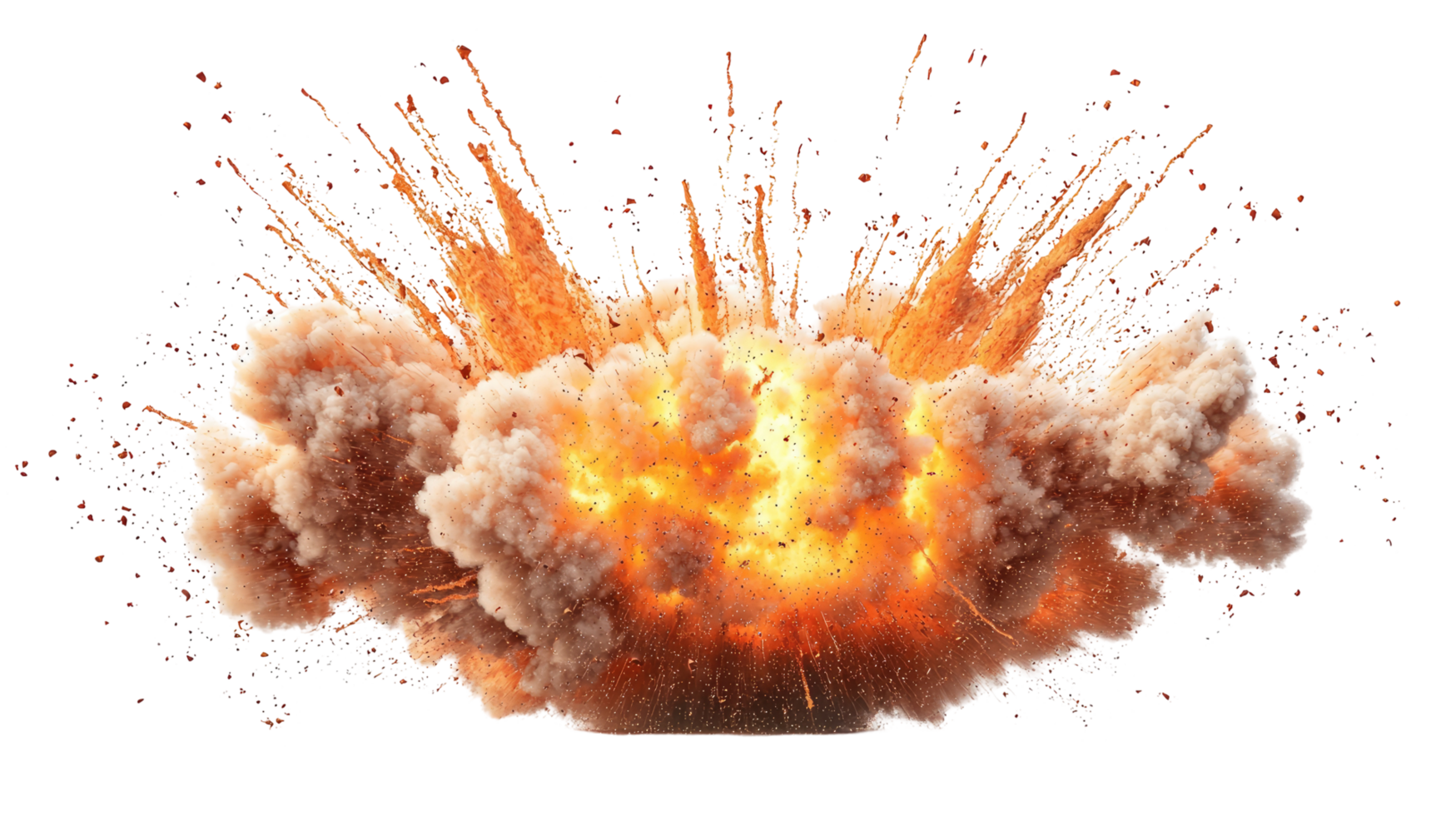 Fiery explosion with smoke and debris, isolated on white png