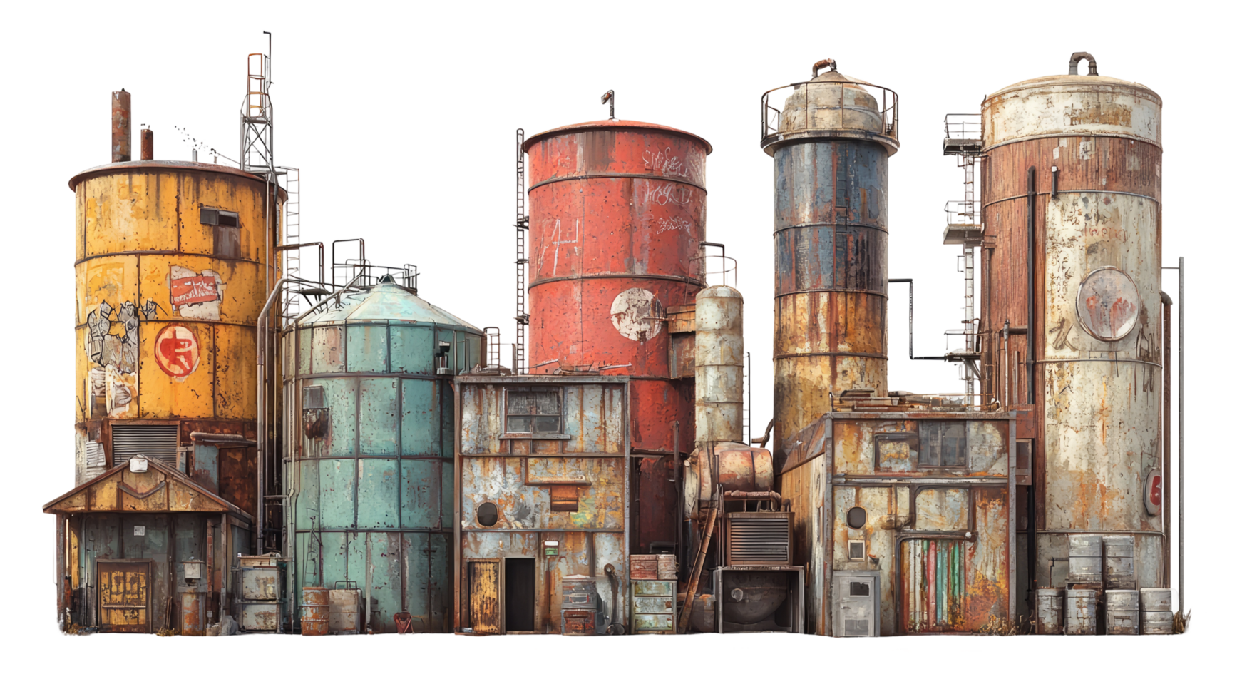Industrial factory with storage tanks, isolated on transparent background png