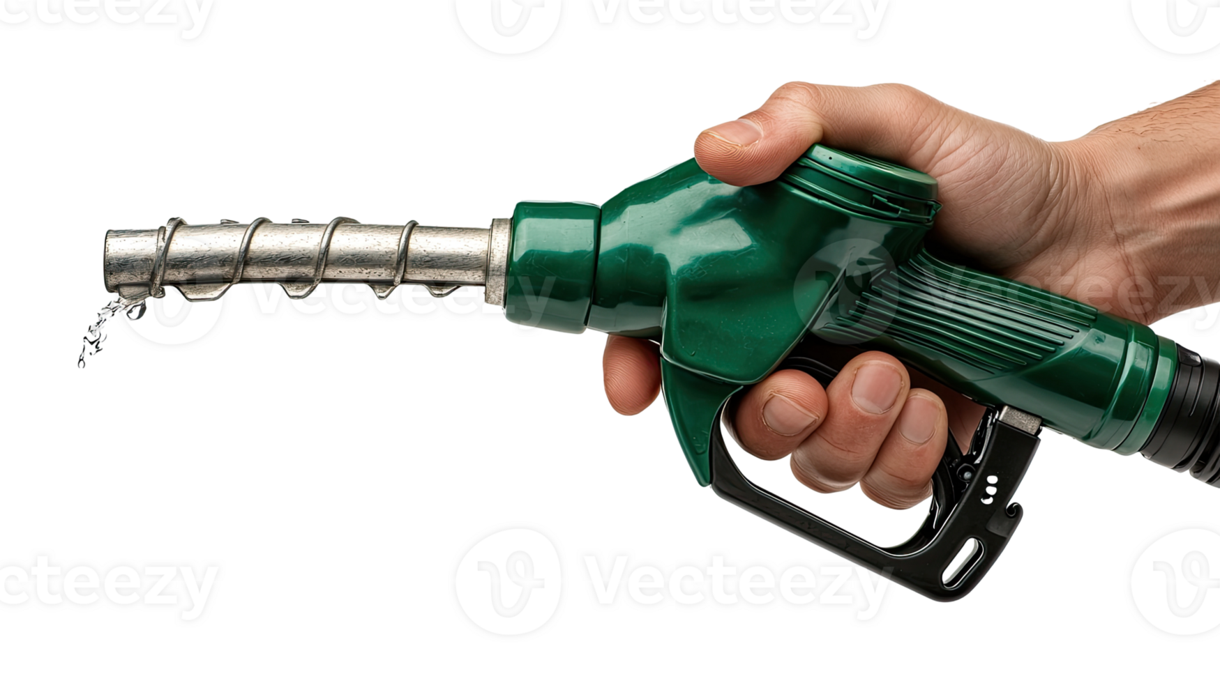 Green fuel nozzle in a person's hand, isolated on transparent background png