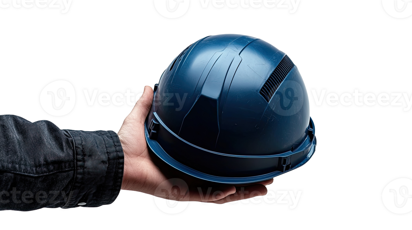 Person holding a dark blue construction helmet, isolated on transparent background png