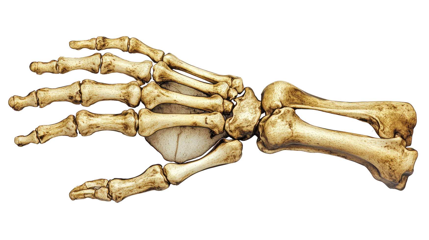 Golden skeleton forearm from wrist to fingers, isolated on transparent background png