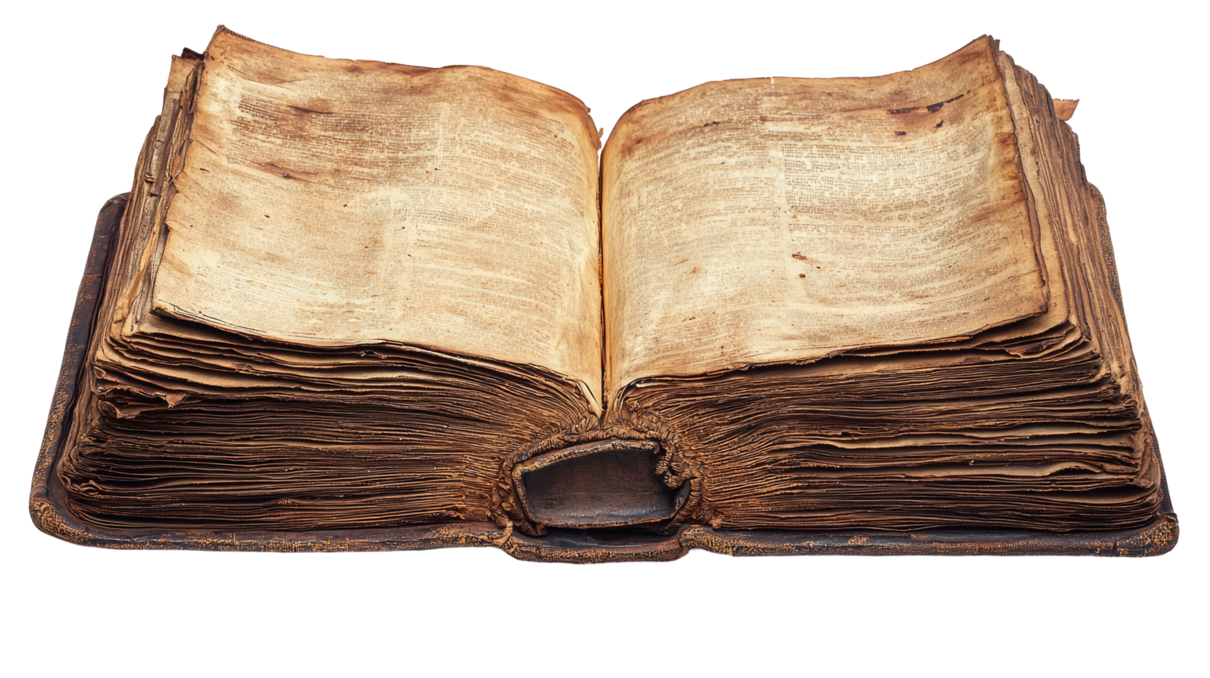Old book opened to middle pages, isolated on transparent background png