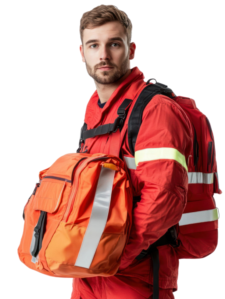 A man in an orange uniform holding a backpack png