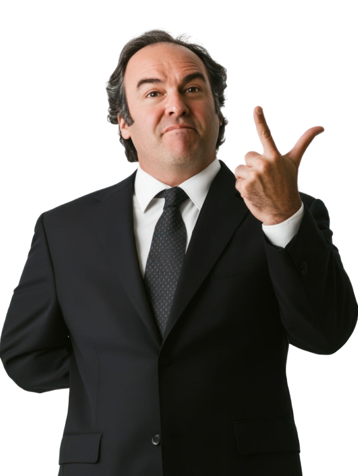 A man in a suit and tie making the peace sign png
