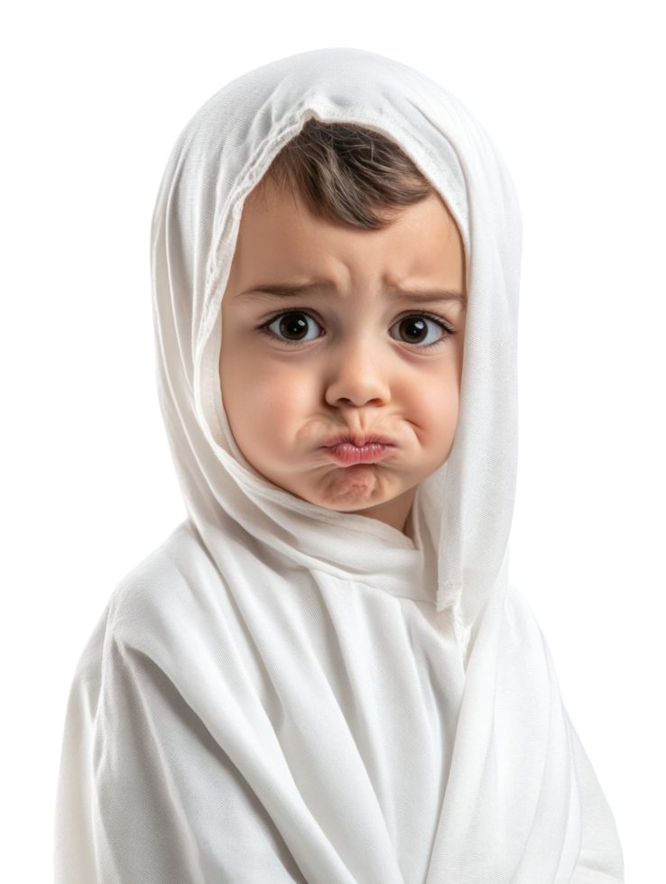 A baby in a white robe with a frown on his face png
