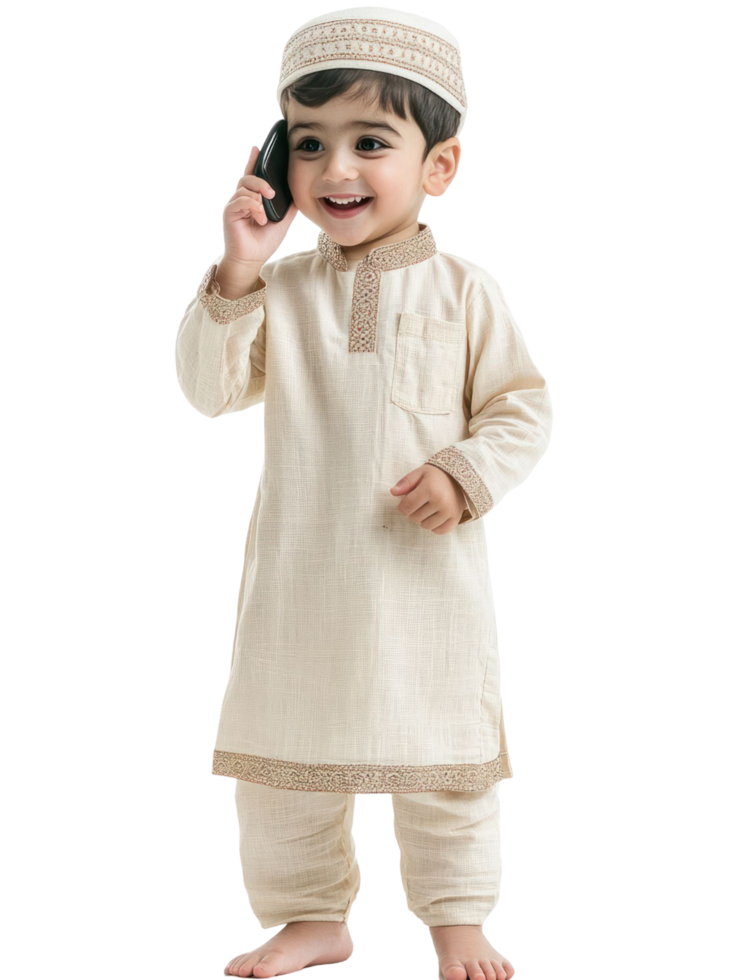 A little boy in a beige outfit talking on a cell phone png