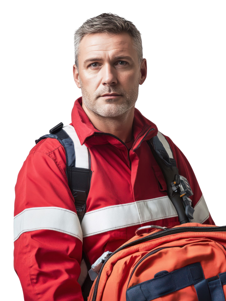 A man in a red uniform holding a backpack png