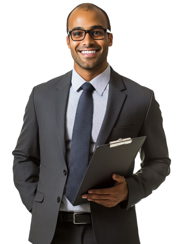 A smiling man in a suit holding a clipboard png