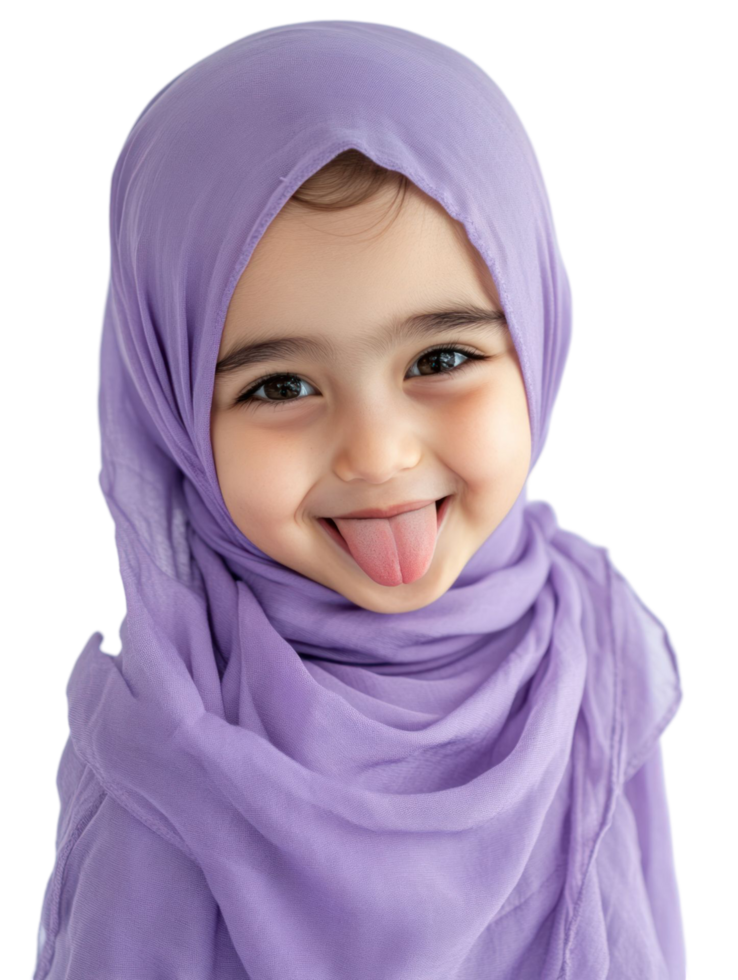 A little girl wearing a purple hijab sticking her tongue out png