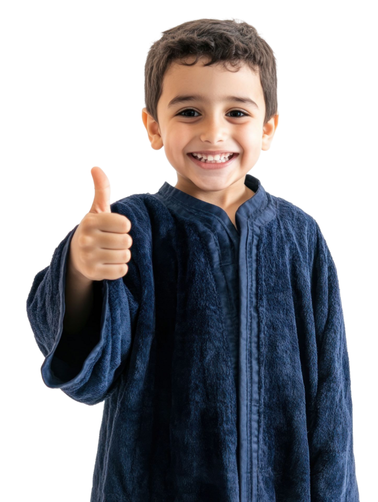 A young boy in a robe giving the thumbs up png