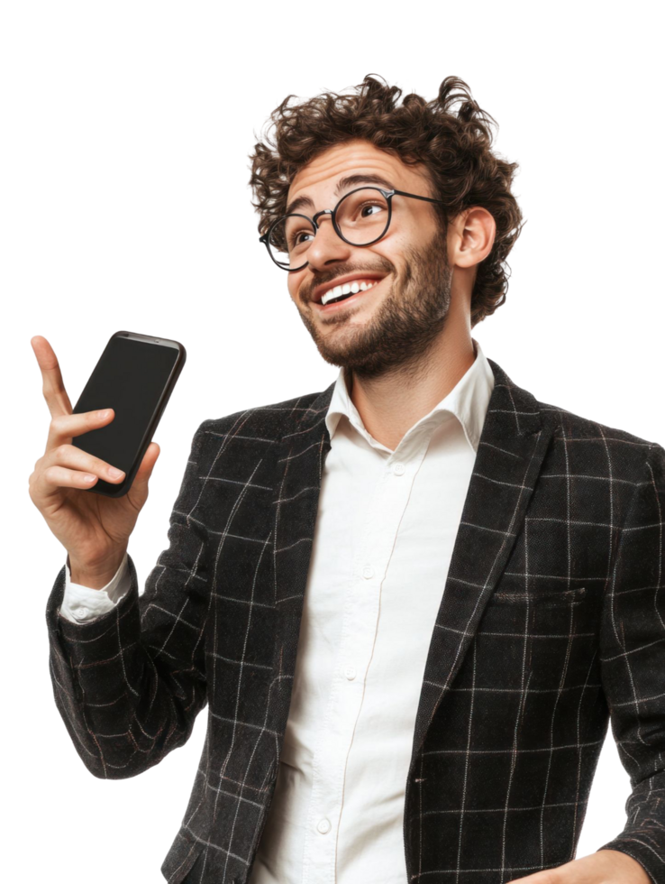 A man in a suit and glasses is holding a cell phone png