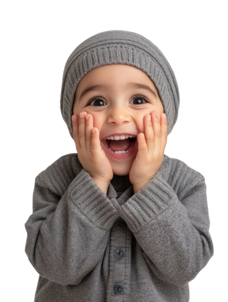 A baby in a gray sweater and hat is smiling png
