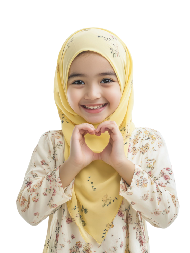 A little girl in a yellow hijab making a heart shape png