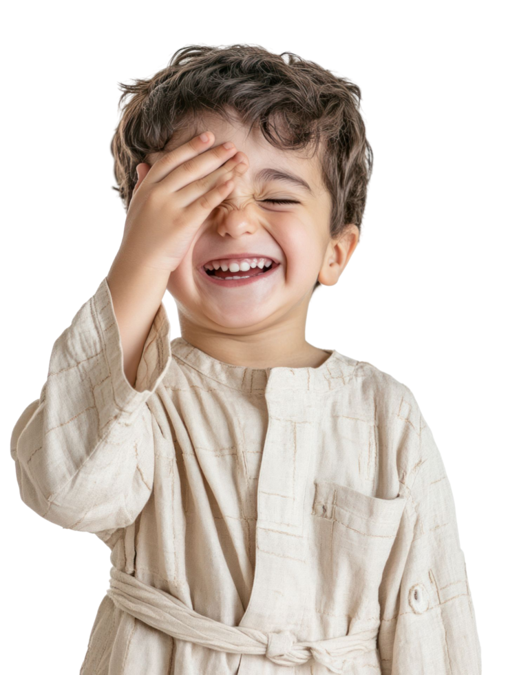A young boy is laughing while wearing a robe png
