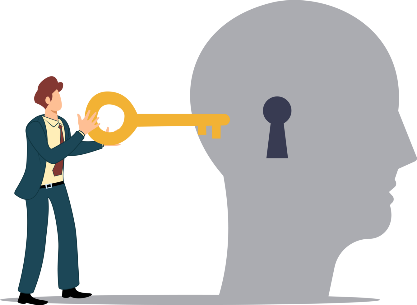 concept unlock new business idea invent new product. creativity concept smart businessman holding golden key about to insert into key hold on human head png