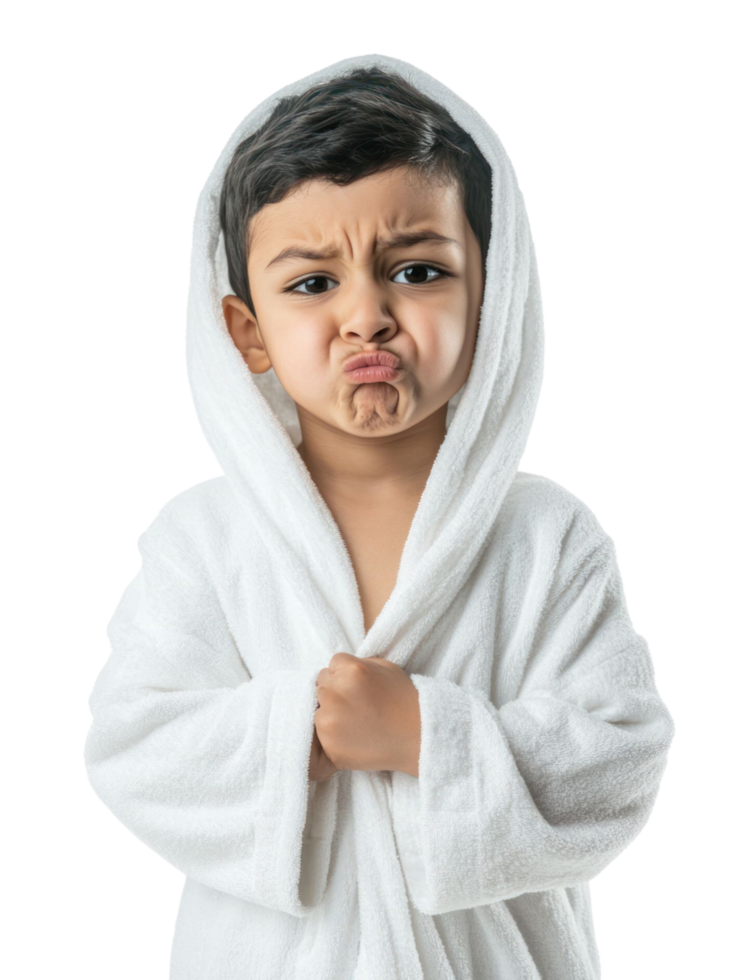 A young boy in a bathrobe with his hands on his chest png