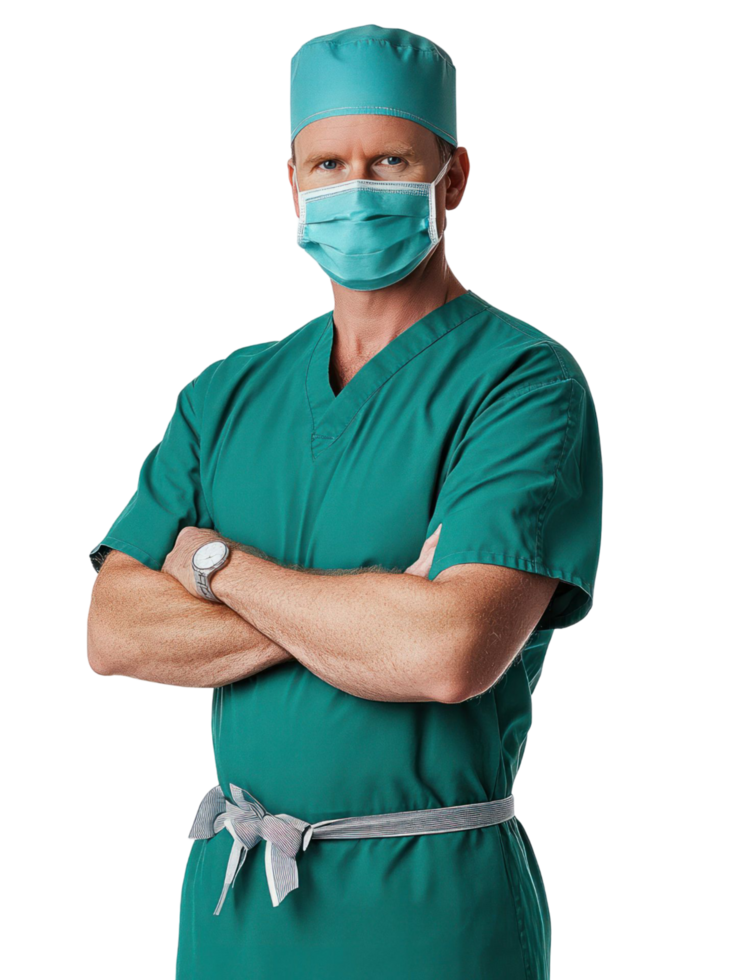 A male surgeon in green scrubs and a surgical mask png