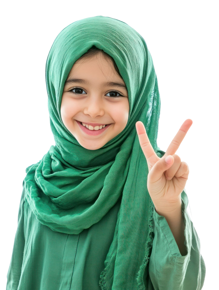 A young girl in green is making the peace sign png