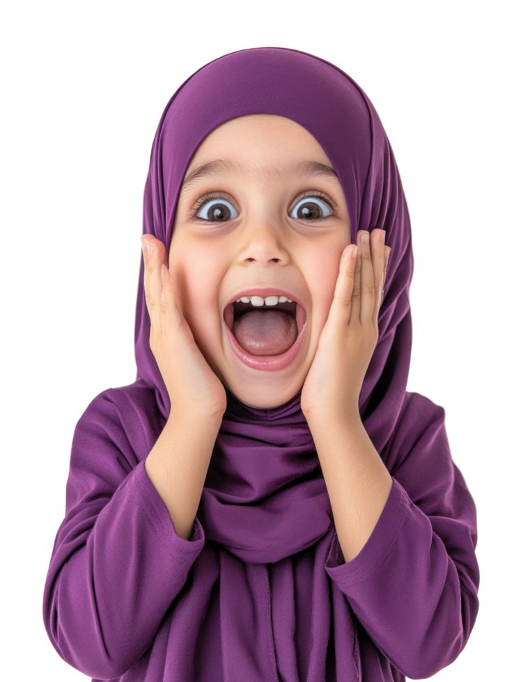 A young girl in a purple hijab is making a surprised face png
